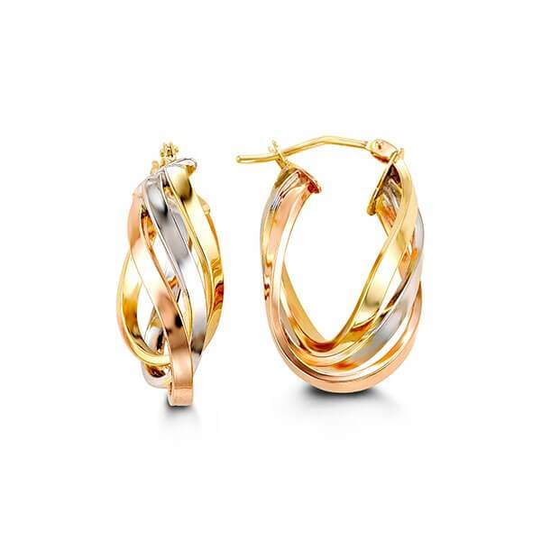 10k Yellow, White and Rose Gold Twist Hoop Earrings