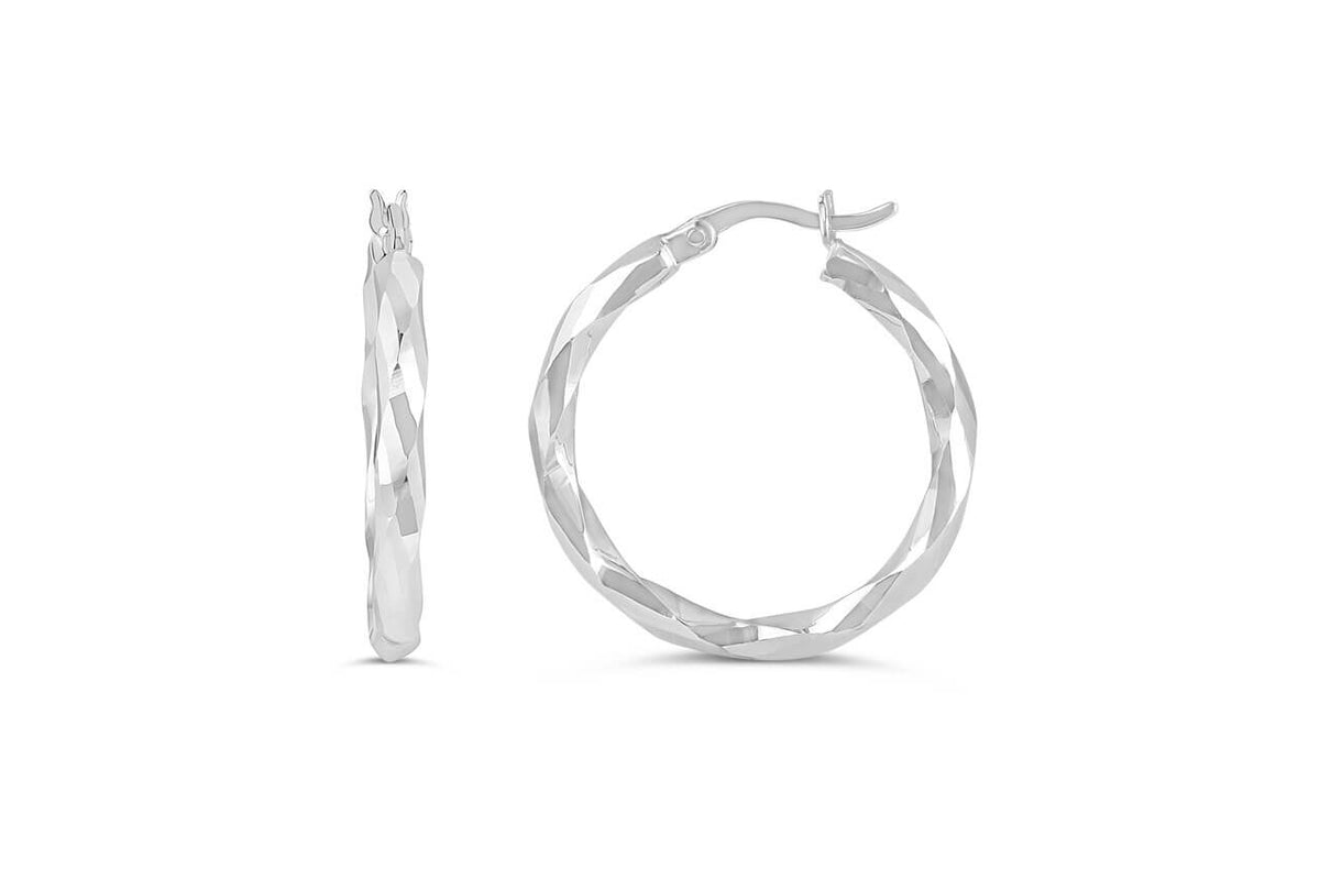 10k White Gold Geometric Pattern Hoop Earrings