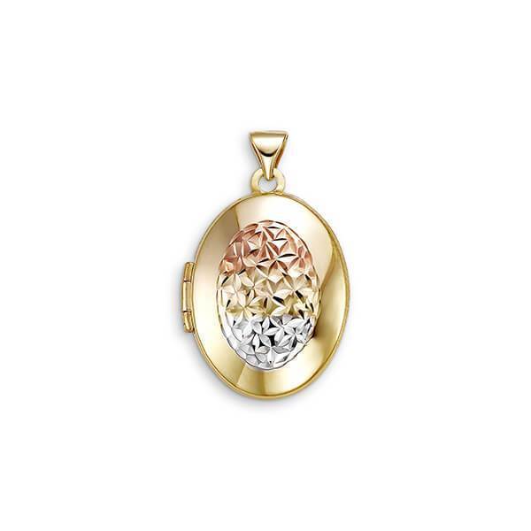 10K Yellow Gold Oval Locket With Tri Color Oval Laser Cut Floral Pattern