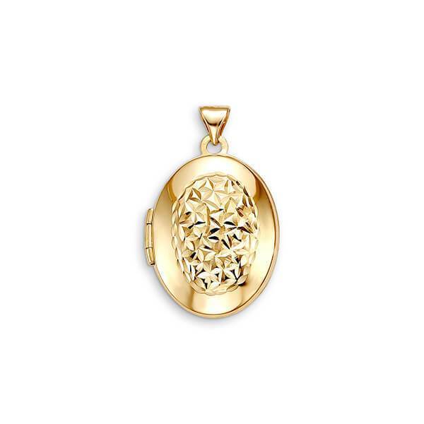 10K Yellow Oval Locket With Oval Laser Cut Floral Pattern