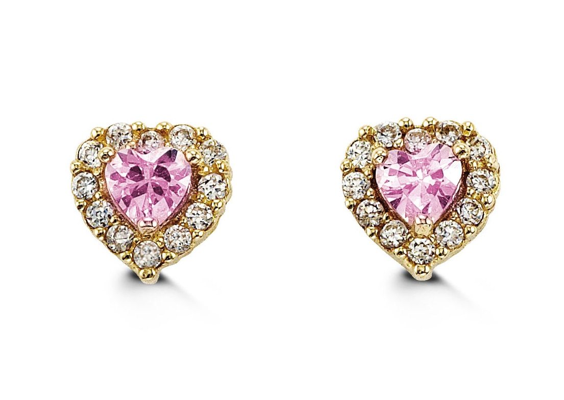 14K Yellow Gold Pink Heart Shape CZ Baby Earrings