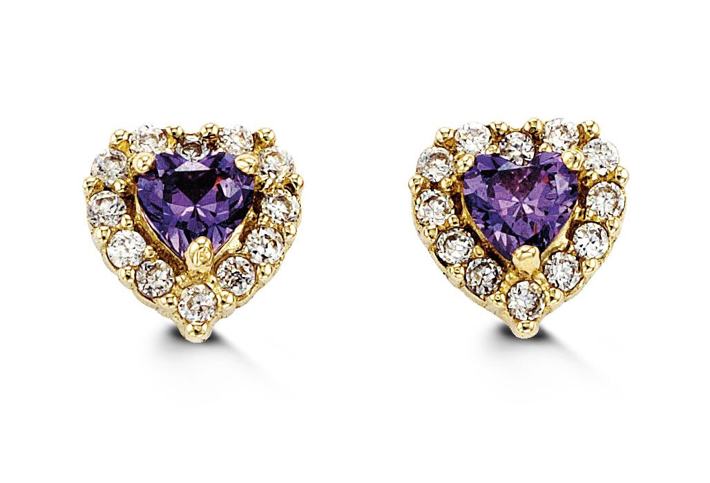 14K Yellow Gold Purple Heart Shape CZ Baby Earrings