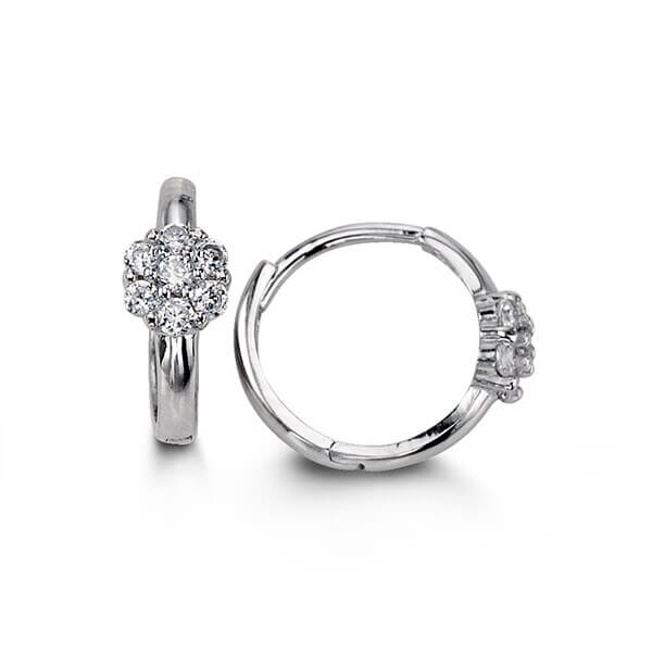 14k White Gold Huggies with CZ Flower Motif