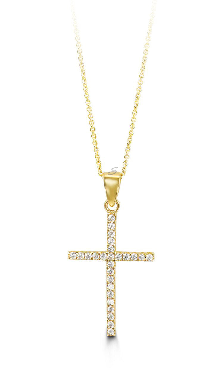 10K Yellow Gold Classic CZ Cross Pendant with Chain