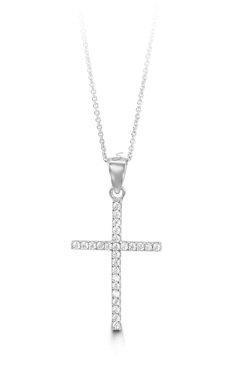 10K White Gold Classic CZ Cross Pendant with Chain