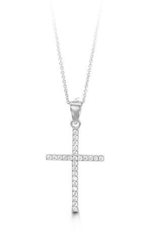 10K White Gold Classic CZ Cross Pendant with Chain