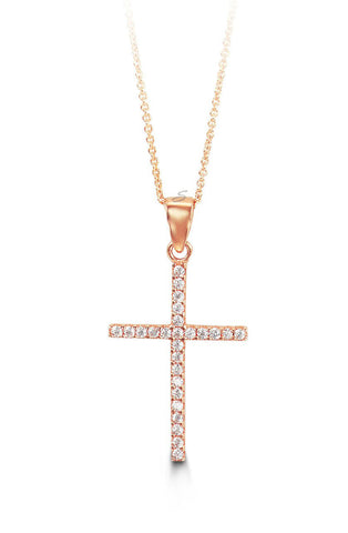 10K Rose Gold Classic CZ Cross Pendant with Chain