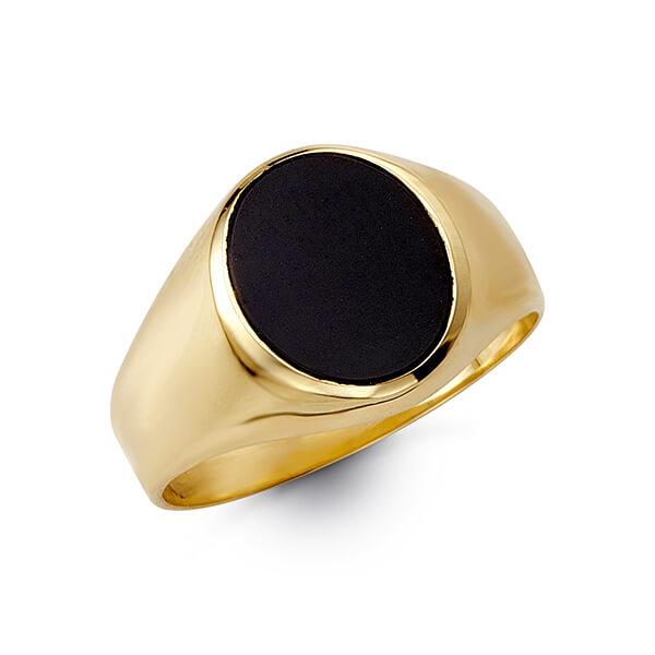 10K Yellow Gold Mens Signet Ring With Oval Black Onyx Stone