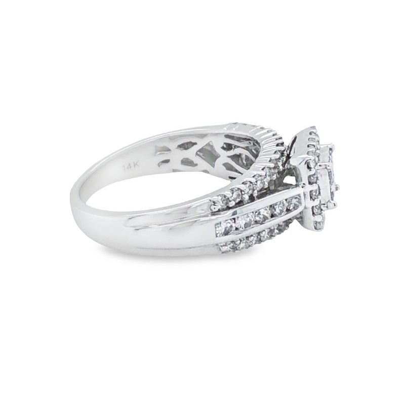 14K White Gold 1.00TDW Diamond Quad Princess Cut Halo Engagement Ring