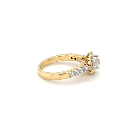 14k Yellow Gold 1.50TDW Diamond Solitaire With Halo and Sides Diamonds Wedding Set.