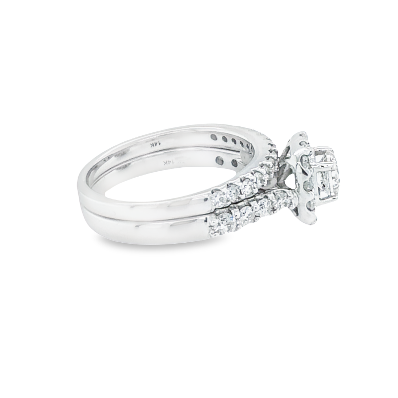 14k White Gold 1.50TDW Diamond Solitaire With Halo and Sides Diamonds Wedding Set