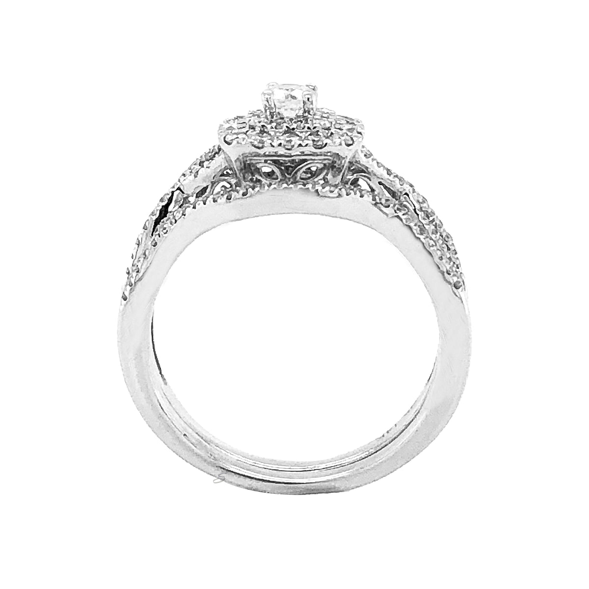 14K White Gold 0.60TDW Diamond Halo Wedding Set with Infinity Style Setting.