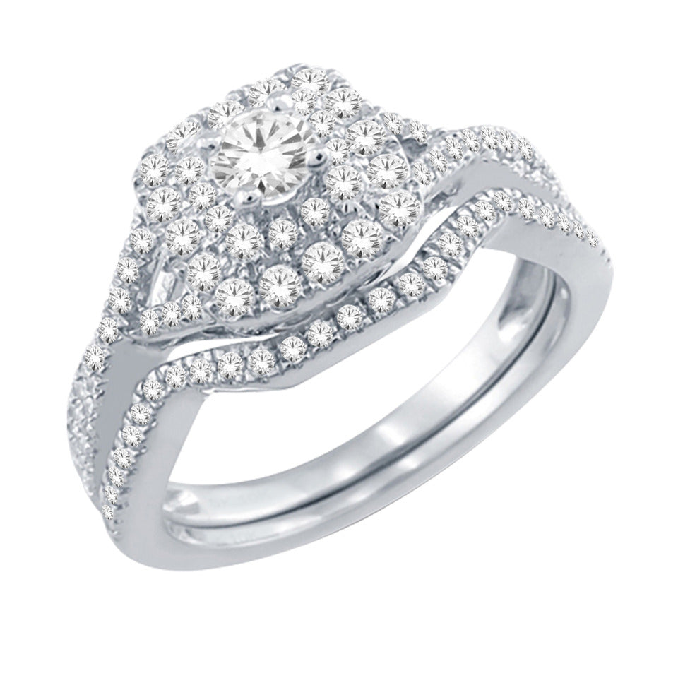 14K White Gold 0.60TDW Diamond Halo Wedding Set with Infinity Style Setting.