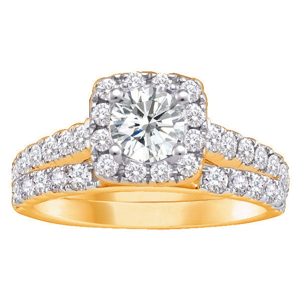 14K Yellow Gold 1.50TDW Diamond Cushion Halo With Sides Engagement Set