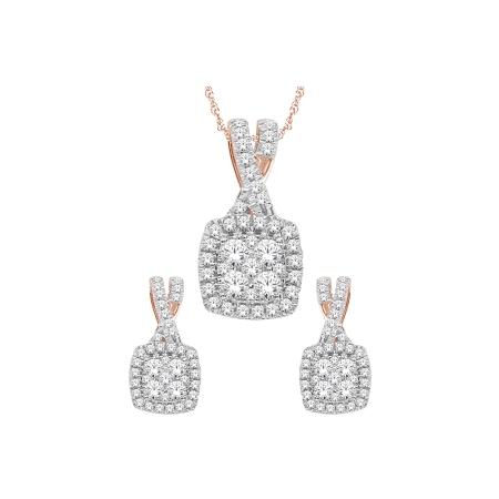 10 Karat Yellow Gold 0.50TDW Diamond Cushion Halo Tiny Dangle Earring and Pendant Set