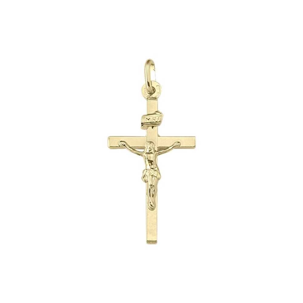 10k, 14k Yellow Gold Flat Religious Classic Italian Cross with Crucifix