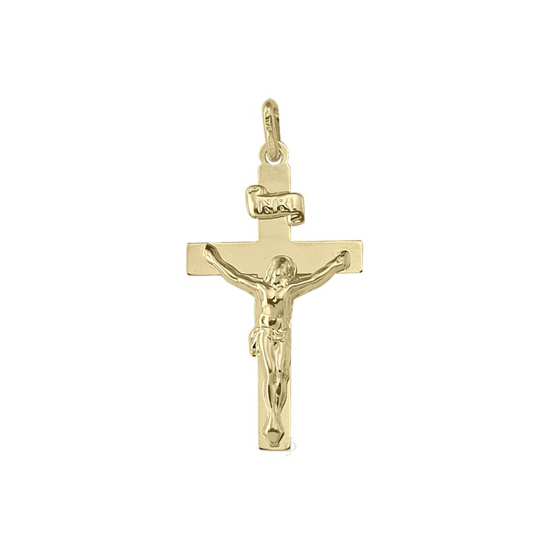 10k, 14k Yellow Gold Flat Religious Italian Cross with Crucifix