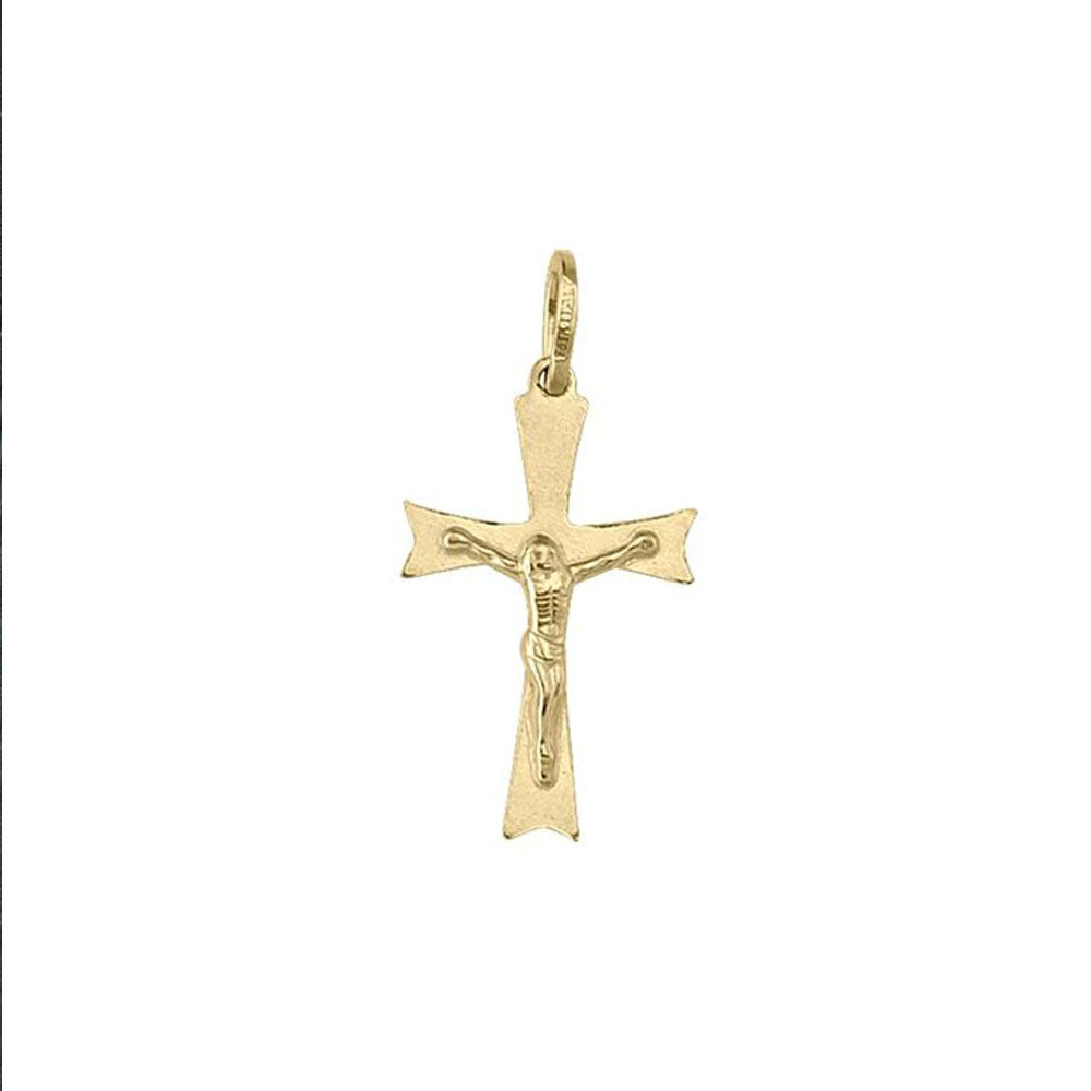 14 Karat Yellow Gold Flat Religious Classic Italian Cross Pendant with Crucifix