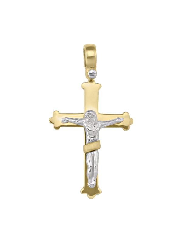 14k Yellow Gold Fancy Religious Italian Cross with White Gold Crucifix