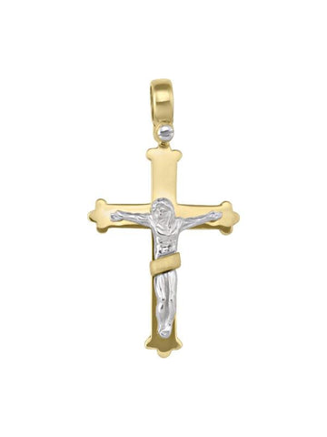 14k Yellow Gold Fancy Religious Italian Cross with White Gold Crucifix