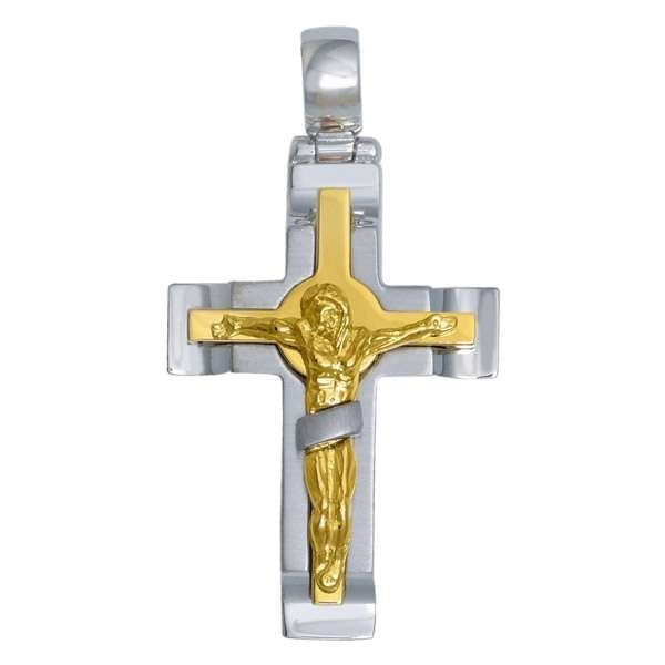 14k White Gold Fancy Religious Italian Cross with Yellow Gold Crucifix