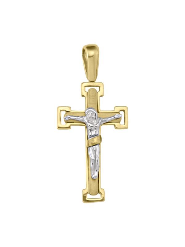 14k Yellow Gold Fancy Religious Italian Cross with White Gold Crucifix