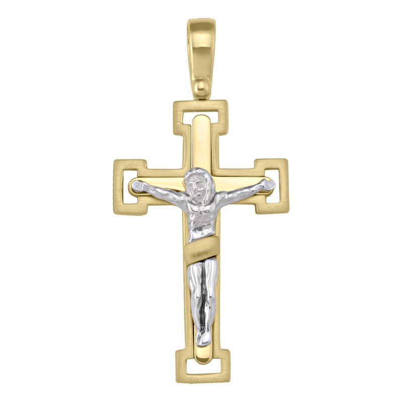 14k Yellow Gold Fancy Religious Italian Cross with White Gold Crucifix