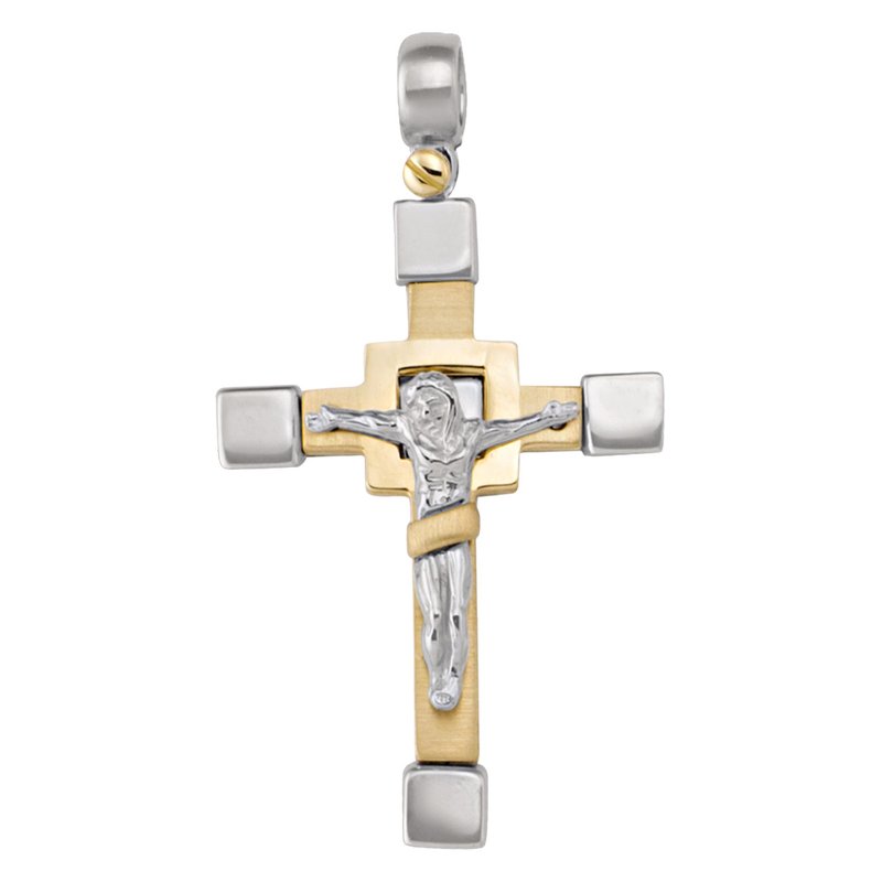 14k White and Yellow Gold Fancy Religious Italian Cross With Crucifix